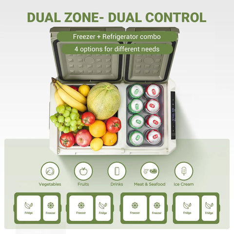 Open Dual Zone Car Refrigerator with App Control 34 Quart 32L showing fruit and drinks in separate freezer and fridge sections