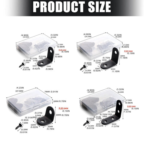 Beefy L Shaped Steel Corner Braces Set dimensions illustration with screws and packaging for shelves and furniture reinforcement