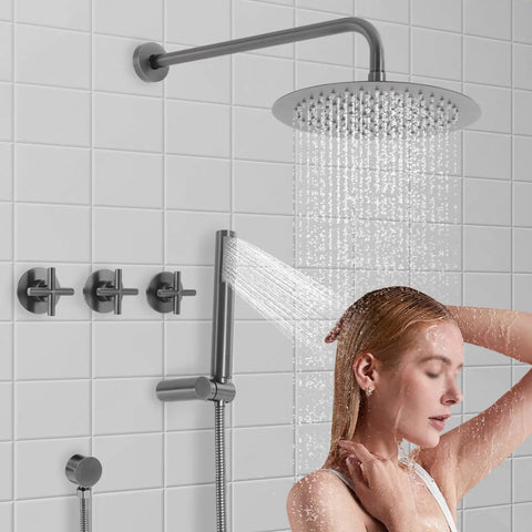 Shower System Wall Mounted 10 Inch Stainless Steel Rain Shower with overhead rain flow and handheld spray feature in use.