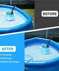 Heavy Duty Submersible Water Pump 1200 GPH 115W in inflatable pool before and after water pumping, blue model
