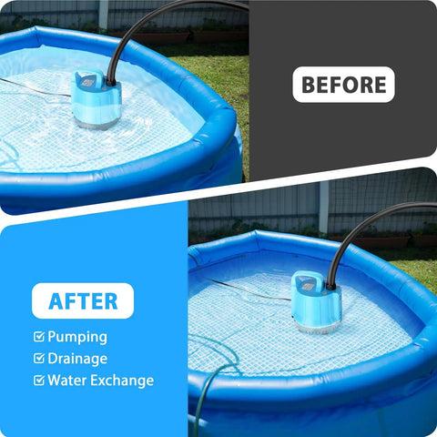 Heavy Duty Submersible Water Pump 1200 GPH 115W in inflatable pool before and after water pumping, blue model