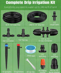 All In One Drip Irrigation Kit For Garden And Lawn With 240 Feet Main Tubing And One Half Inch And One Quarter Inch Distribution Tubing Adjustable Emitters Fittings And Accessories For Greenhouse Yard And Garden Beds shown with components and tubing.