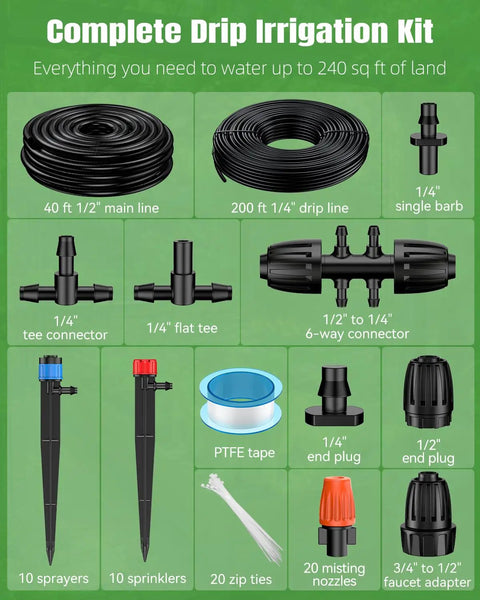 All In One Drip Irrigation Kit For Garden And Lawn With 240 Feet Main Tubing And One Half Inch And One Quarter Inch Distribution Tubing Adjustable Emitters Fittings And Accessories For Greenhouse Yard And Garden Beds shown with components and tubing.