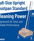 Commercial Upright Dustpan With 30 Inch Aluminum Handle Serrated Broom Comb Edge And Locking Yoke Standing Floor Sweeper tan dustpan with 30 inch handle.