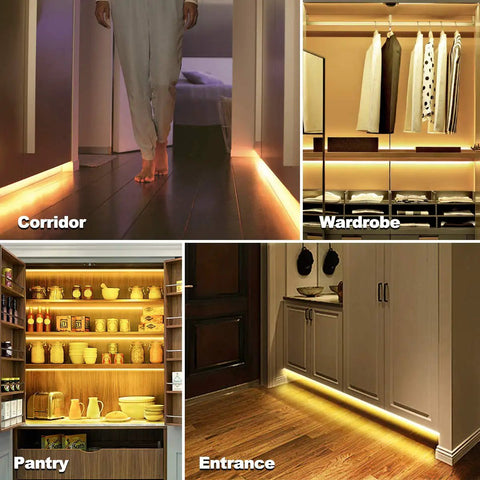 Motion Activated LED Light Strip 16.4ft With Day Or Night Modes under cabinets and along stairs in warm white lighting