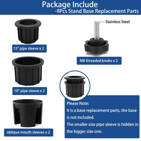8 Piece Umbrella Base Hole Ring Plug Covers And Caps Set showing 15 inch and 19 inch pipe sleeves, threaded knobs for patio stand