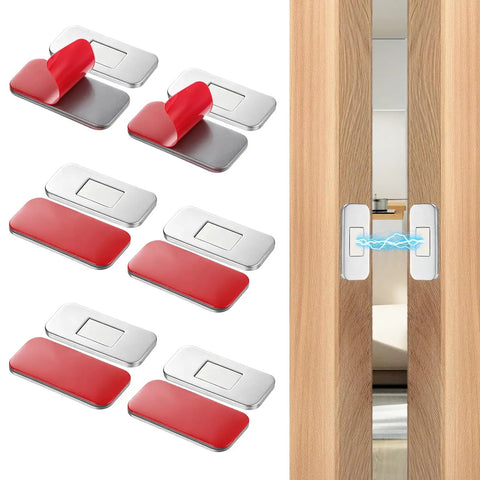 Six Pack Ultra Thin Cabinet Magnetic Catch Set In Stainless Steel For Hidden Door Closures shown with adhesive backing