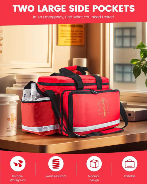EMT First Aid Bag For Pros, Water Resistant Medical Kit With 360 Degree Reflective Trim, 21 Compartments, on desk