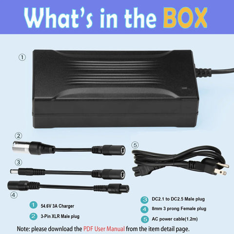 54.6V 3A Battery Charger For 48V Li-ion 13S Packs With 100-240V AC Input And 54.6V DC Output, Universal Charger With Multiple Tips: 5.5mm By 2.5mm, 5.5mm By 2.1mm, 1 Prong Male, 8 Prong Female, And 3 Pin XLR
