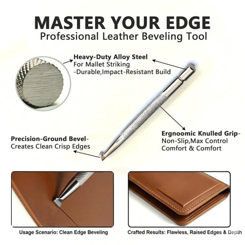 Leather Beveling Tools And Stamp Set With Alloy Steel Precision Heads shown with knurled handle and circular steel head.