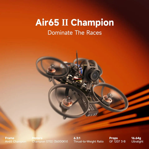Air65 II Brushless Whoop Quadcopter with 0702 36000KV Motors and 1207 3 Blade Props against orange background