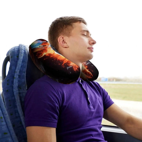 Man using U Shaped Travel Neck Pillow For Long Haul Flights And Commutes, Premium Napping Support For Head And Neck on bus