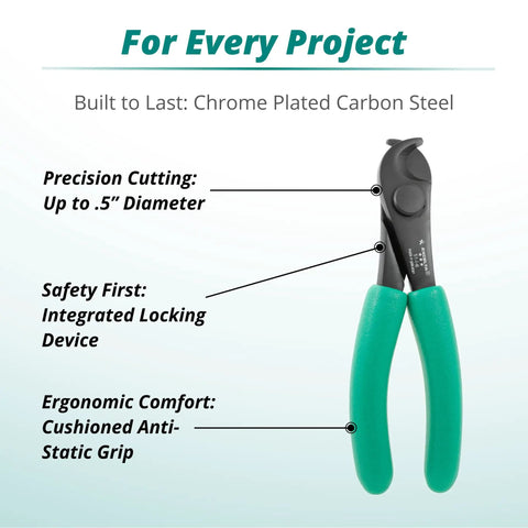 Pro Grade Heavy Duty Precision Cable And Tubing Cutter Up To 0.5 Inch Diameter 6 Inch Chrome Plated Carbon Steel Tool With Cushioned Anti Static Grip For A Smooth Shear Cut On Wires And Tubing Made In Italy, showing ergonomic green grip and cut up to 0.5 inch diameter.