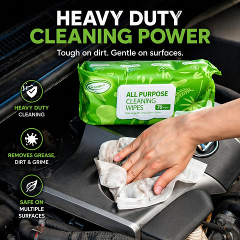 Hand using All Purpose Cleaning Wipes 70 Count Extra Large 8 By 10 Inches Heavy Duty Wipes For Car Interior Kitchen Bathroom
