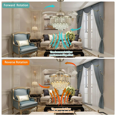 Dope 36 Inch Dimmable Crystal Ceiling Fan With Retractable Blades Modern Fandelier Light Fixture Remote Control Chandelier Style Ceiling Fan For Bedroom And Living Room Polished Nickel Finish showing forward and reverse rotation effects in living room