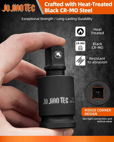 Beefy Impact Universal Joint Socket Swivel Set Three Piece Drive Half Inch Three Eighths Inch Quarter Inch 360 Degree Rotation Cr-Mo Steel Drop-Forged And Heat-Treated Black Oxide Finish close-up