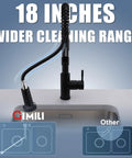 Slick Black Kitchen Faucet With Pull Down Sprayer showcasing 18-inch cleaning range and flexible hose for quick sink cleaning.