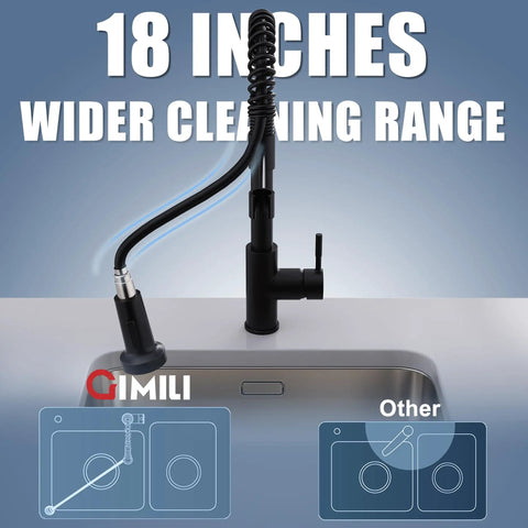 Slick Black Kitchen Faucet With Pull Down Sprayer showcasing 18-inch cleaning range and flexible hose for quick sink cleaning.