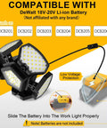 Cordless LED Work Light With 20V Battery Compatibility, 65W 6500LM Flood And Pendant Light, USB And Type C Charging Ports, 5 Plus 1 Deformable Panels For Garage, Workbench, Job Site, And Camping showing DeWalt battery compatibility and connection features. Image includes battery slots and deformable light panels.