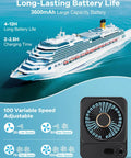 Cruise Ship Approved Magnetic Fan With 100 Speed Levels Rechargeable Portable Fan shown with cruise ship background and speed options
