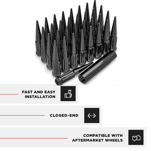 Solid Piece Spline Spike Lug Nut Set 14x1.50 Thread Pitch 33 Pack With Extra Spike 60 Degree Bulge Acorn Anti Theft 7 Spline For Eight Lug Vehicles Chrome Black Chrome Finish