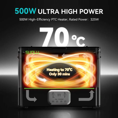 2-In-1 Filament Dryer And Annealing Box showing 500W power and 70°C heating in 30 mins