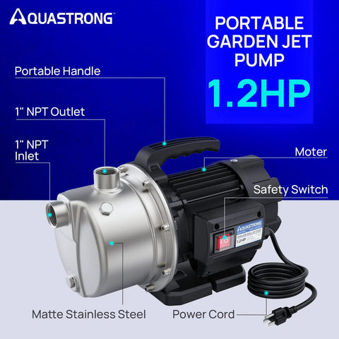 115V Shallow Well Garden Pump Workhorse With Stainless Steel Build, 1209 GPH Max Flow At 5 Ft Head, Portable 1.2 HP Pump