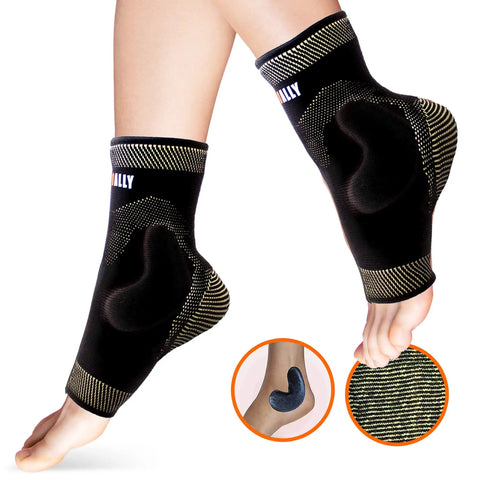 Copper Infused Ankle Support Sleeve With Gel Pads For Plantar Fasciitis And Sprained Ankles, breathable compression in use