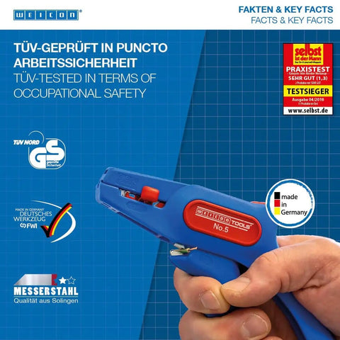 Automatic Wire Stripper No 5 With Side Cutter For 0.2 To 6 Mm2 Cables in hand, blue casing, made in Germany