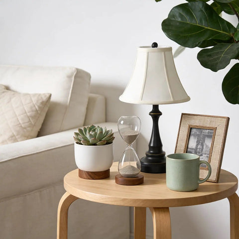 Living room table with plant, photo frame, small lamp, Three Piece Vintage Style Lamp Set With Bronze Finish And Brown Fabric Shades