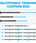 Diagram of adjustable tension curtain rod sizes, showing telescopic, splicing, and outer rods with measurements.