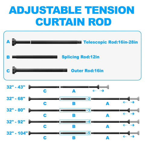 Diagram of adjustable tension curtain rod sizes, showing telescopic, splicing, and outer rods with measurements.