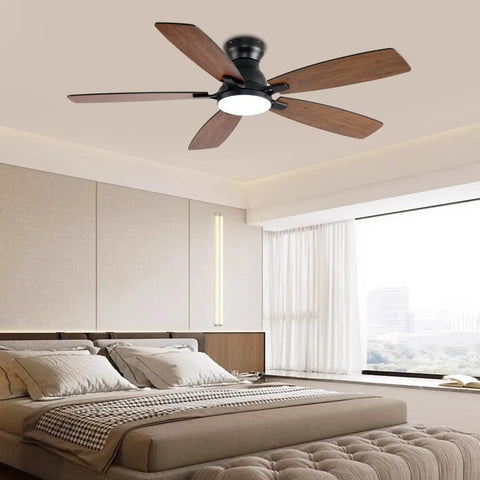 Low Profile 52 Inch Brown Ceiling Fan With Lights Remote And App Control DC Motor Quiet Flush Mount for bedroom