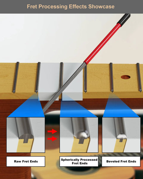 Double-sided guitar fret end file with red handle; used for rounding and deburring fret ends on a wooden neck
