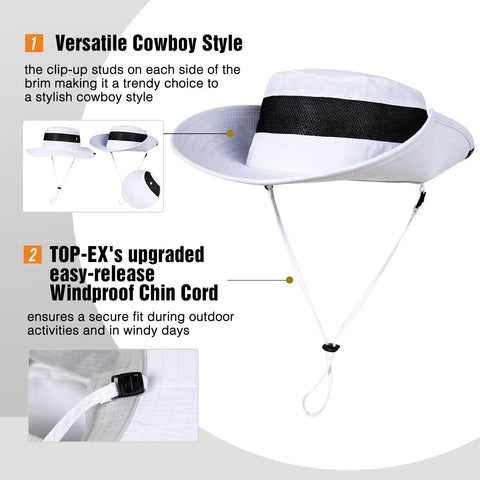 Cooling Mesh Boonie Hat With Sweatband For Hot Days, Flip Up Wide Brim For Better Visibility, UV Protection, Breathable No Sweat Lightweight Outdoor Gear, Snap Front Cowboy Style, White XL XXL