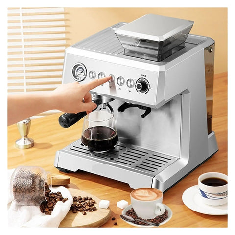 New Espresso Coffee Machine With Built In Grinder 20 Bar Pump Steam Milk Frother Semi Automatic Home Coffee Maker on countertop