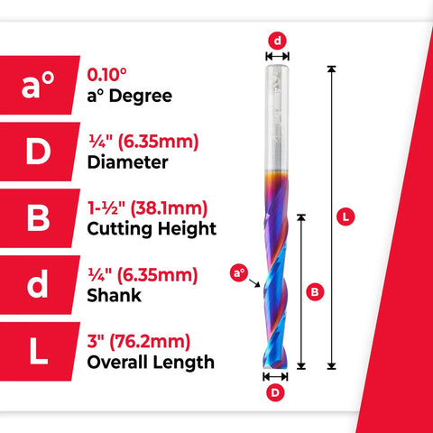 Heavy Duty Up Cut Solid Carbide Spiral Router Bit For 2D And 3D Carving, 3 Inch Length, 1/4 Inch Shank, Flat Bottom, 2 Flute, 0.10 Degree Angle, Spektra Coated CNC Bit Made In USA For Acrylic Plastic And Composite