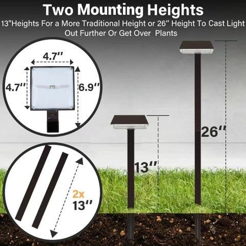 Diagram showing 13" and 26" height options for Dope Ultra Bright Solar Path Lights Outdoor 300 Lumens 2 In 1 Color Modes.
