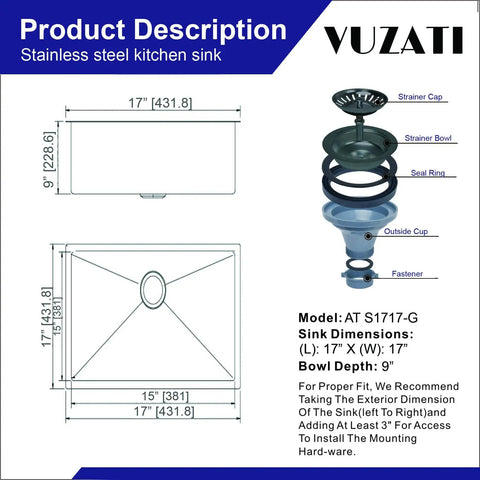 Diagram of Undermount Gun Metal Stainless Steel Kitchen Sink With 16 Gauge Deep Single Bowl Bottom Grid Basket Strainer