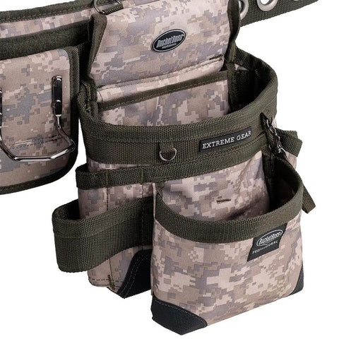 Close-up of three bag tool bag set with suspenders in digital camo, heavy duty LoadBear stretch suspension, reinforced bottoms shown.