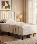 Modern Twin Bed Frame With Padded Wing Headboard And High Density Foam Upholstery Solid Wood Base Built Like A Tank Hella Comfy Zero Sag Bedroom Furniture Room Ready Design in a bright bedroom with natural light.