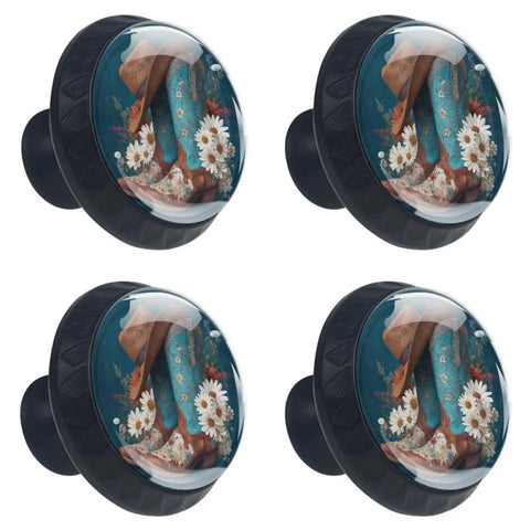 4 Pack Retro Cowboy Boots And Hat Cabinet Knobs Set with crystal glass pulls, featuring a vintage motif with floral accents.