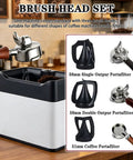 Automatic Electric Portafilter Cleaner For Coffee Grounds Handles Espresso Pucks With Zero Sweat Easy Drop Off Knock Box with three brush heads.