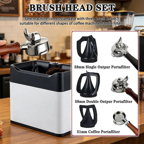 Automatic Electric Portafilter Cleaner For Coffee Grounds Handles Espresso Pucks With Zero Sweat Easy Drop Off Knock Box with three brush heads.