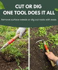Two views of Hounen Miyawaki Japanese Weeding Sickle Twisted Stainless Kama Weeder with 4.7 inch blade, wooden handle in use