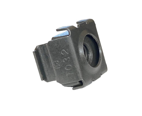 Heavy Duty 10-32 Cage Nuts 25 Pack Black Oxide Snap-In Server Rack Hardware close-up view of the fastener, showcasing its design and build.
