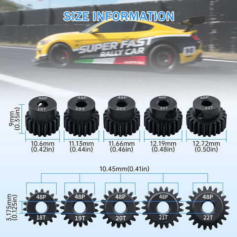 48P Pinion Gear Set For One Tenth RC Car With 3.175mm Shaft Hole Includes 18T 19T 20T 21T 22T 48 Pitch Motor Gears Upgrade Kit