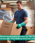 Twelve Pairs Of Heavy Duty Nitrile Work Gloves Shielding Hands From Tough Chemical Oil And Solvent Hazards With Puncture Resistant Fit For Tackling Nasty Engine Jobs And Deep Home Cleans, man handling box with green nitrile gloves.