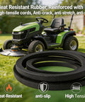 Beefy Three-Eighths Inch By Forty-Three Inch Lawn Mower Drive Belt Replacement 532185476 shown next to a green mower.