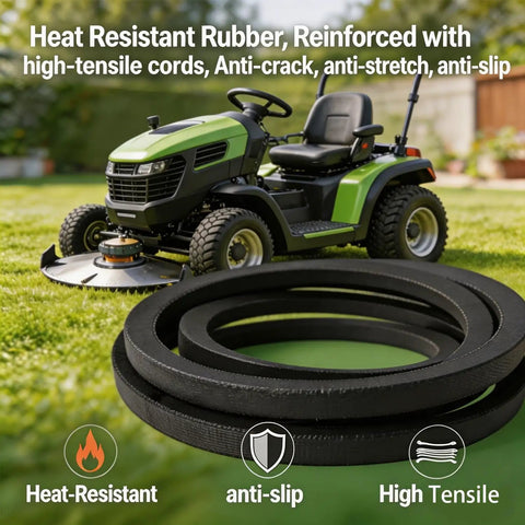 Beefy Three-Eighths Inch By Forty-Three Inch Lawn Mower Drive Belt Replacement 532185476 shown next to a green mower.